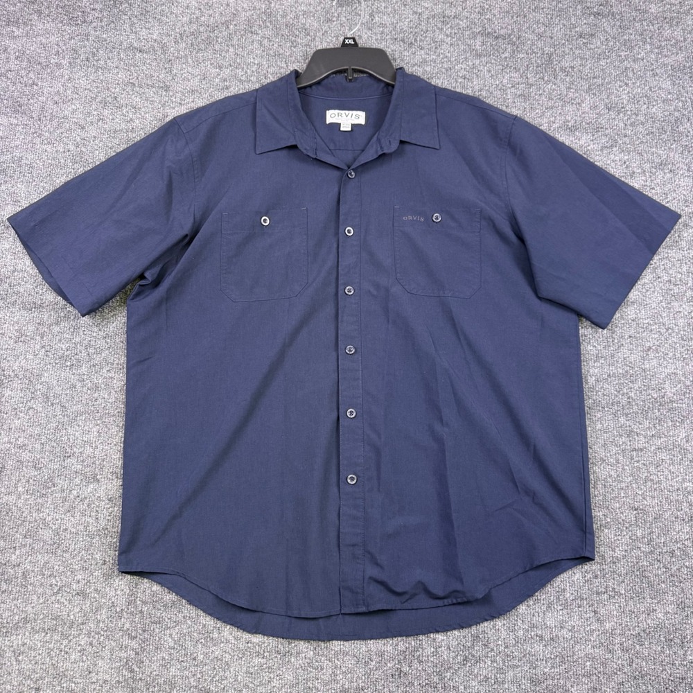 Orvis Mens XL Navy Blue Short Sleeve Button Down Shirt Classic Collection Pocket